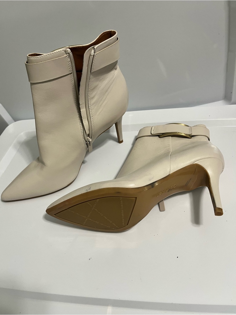Calvin Klein Cream Pointed Toe Ankle Booties with Buckle 8.5